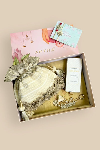 Rakhi Hamper - Parijat Silk Potli - Off-White - Care & Accessory Box