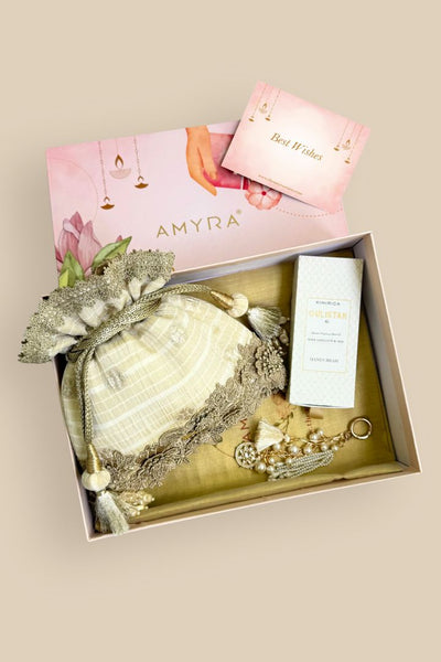 Gift Hamper - Parijat Silk Potli - Off-White - Care & Accessory Box