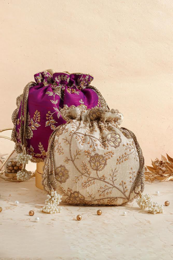 Purple embroidered scallop potli bag