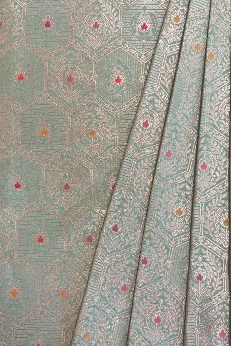 Ruva Handloom Katan Silk with Water Gold Zari with Meena - Pastel Green