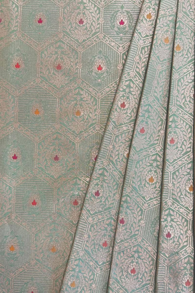 Ruva Handloom Katan Silk with Water Gold Zari with Meena - Pastel Green