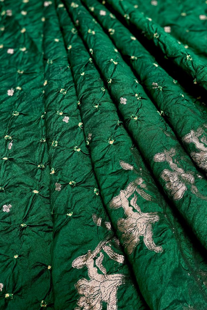 Raas Silk Chiniya Zari Bandhani Fabric - Green
