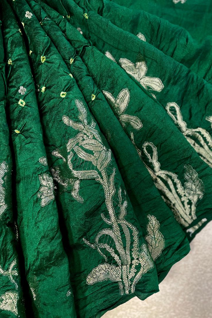 Raas Silk Chiniya Zari Bandhani Fabric - Green