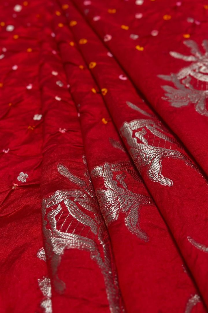 Raas Silk Chiniya Zari Bandhani Fabric - Red