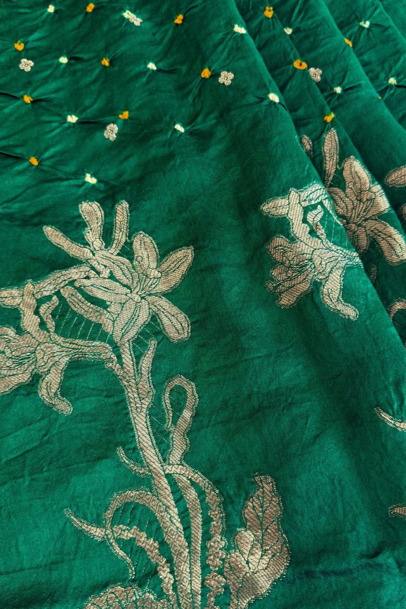 Raas Silk Chiniya Zari Bandhani Fabric - Green