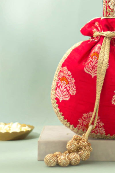 Rangriti Pure Raw Silk Embellished Potli - Red