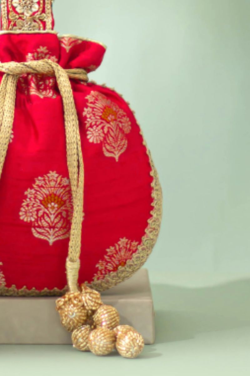 Rangriti Pure Raw Silk Embellished Potli - Red
