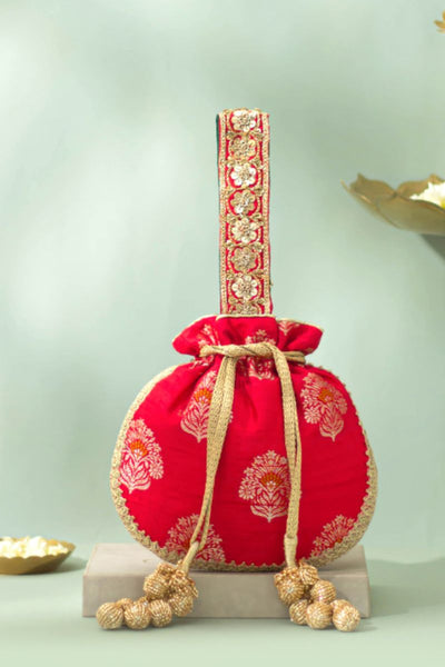 Rangriti Pure Raw Silk Embellished Potli - Red