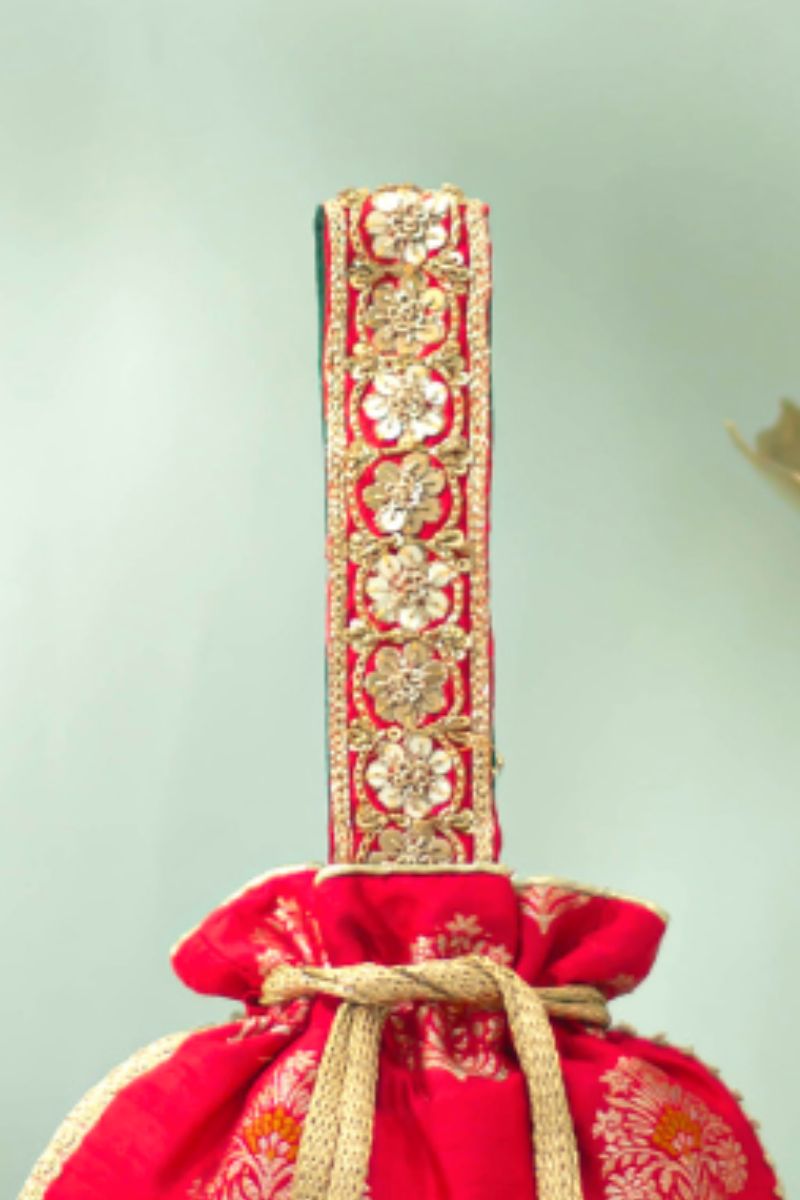 Rangriti Pure Raw Silk Embellished Potli - Red