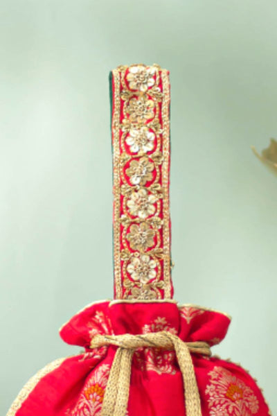 Rangriti Pure Raw Silk Embellished Potli - Red