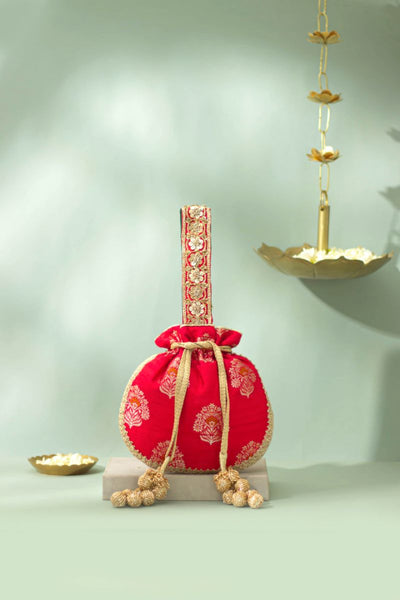 Rangriti Pure Raw Silk Embellished Potli - Red