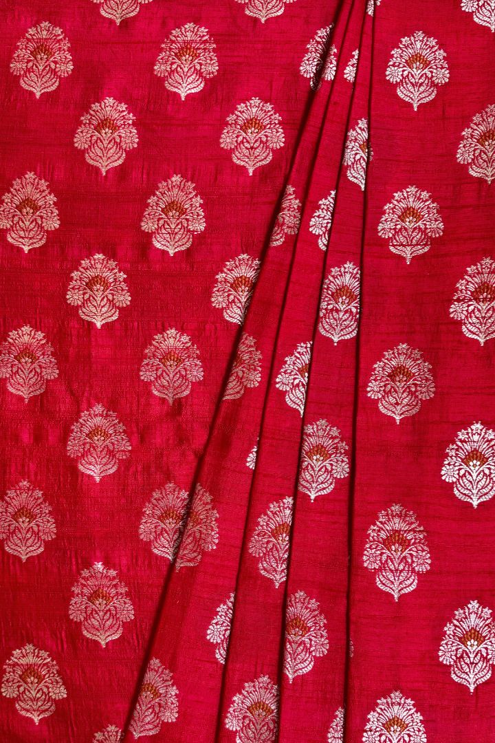 Rangriti Handwoven Raw Silk Light Gold Zari Fabric - Red
