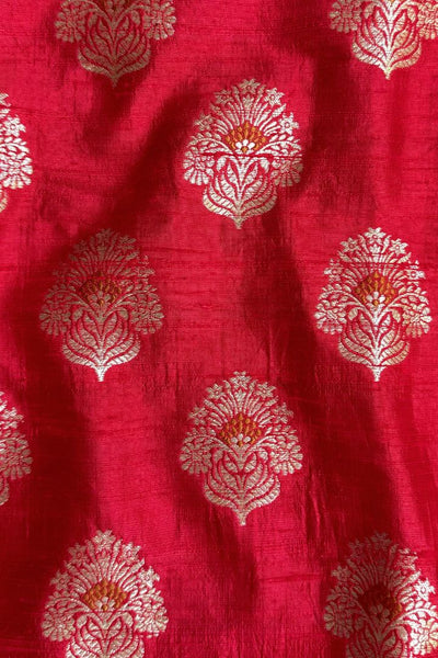 Rangriti Handwoven Raw Silk Light Gold Zari Fabric - Red