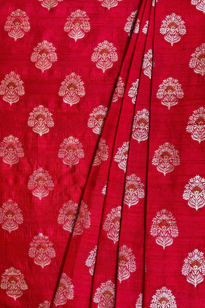 Rangriti Handwoven Raw Silk Light Gold Zari Fabric - Red