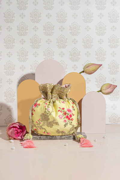 Reet Floral Embroidered Potli - Pastel Yellow