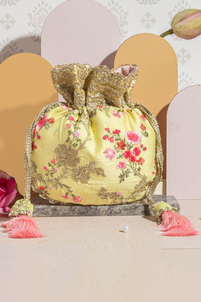 AMYRA Reet floral embroidered potli - pastel yellow