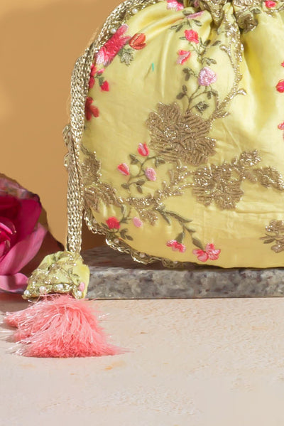 Reet Floral Embroidered Potli - Pastel Yellow
