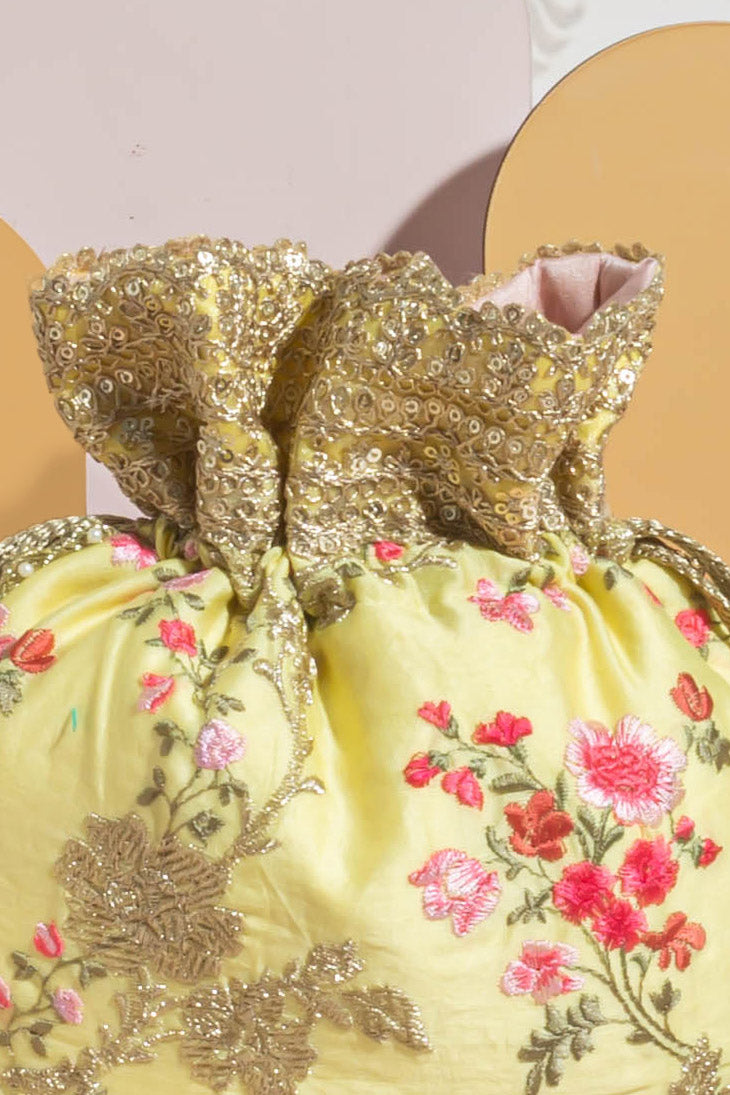 Reet Floral Embroidered Potli - Pastel Yellow