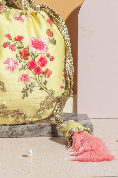 Reet Floral Embroidered Potli - Pastel Yellow