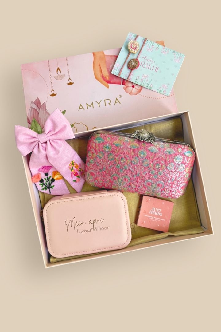 Rakhi Hamper - Ridhi Pure Banarasi Silk Box Clutch - Multi color - Care & Accessory Box