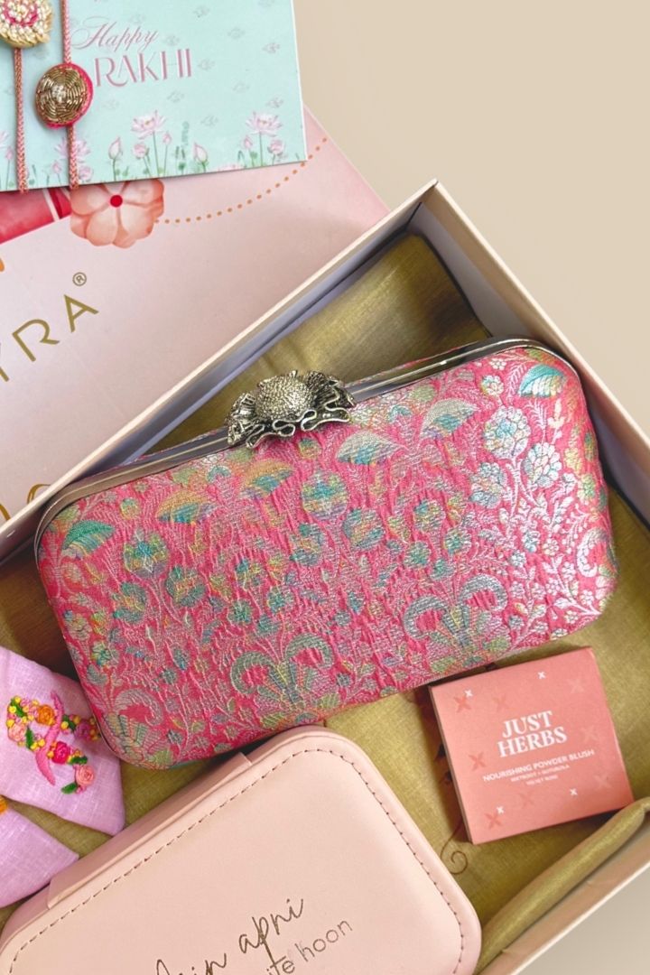 Rakhi Hamper - Ridhi Pure Banarasi Silk Box Clutch - Multi color - Care & Accessory Box