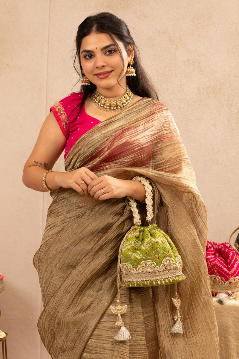 Rumani Bandhani Bucket Bag - Mehendi Green