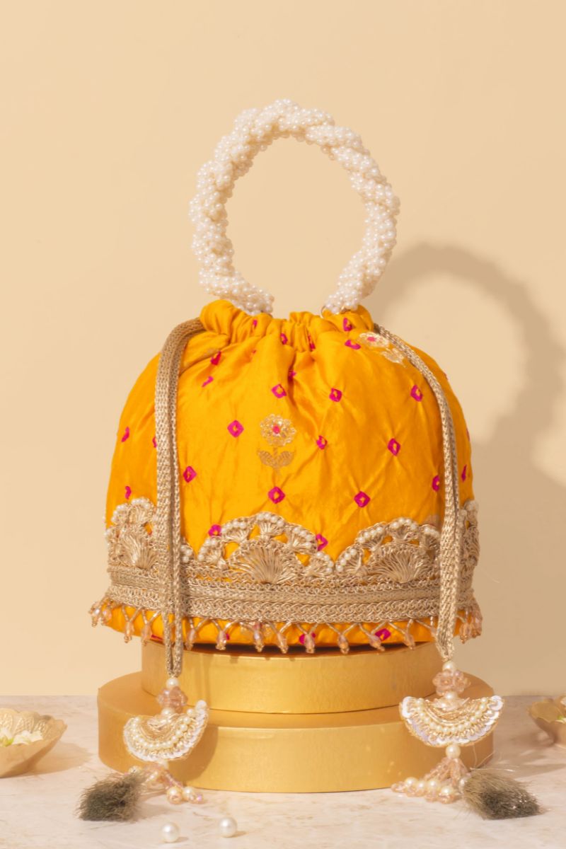 Rumani Bandhani Bucket Bag - Mustard