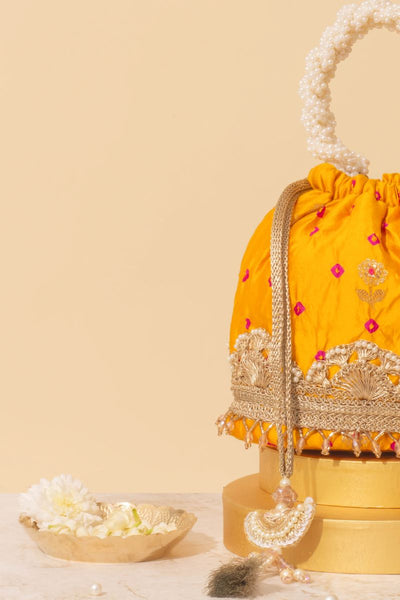 Rumani Bandhani Bucket Bag - Mustard