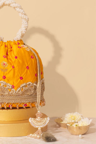 Rumani Bandhani Bucket Bag - Mustard