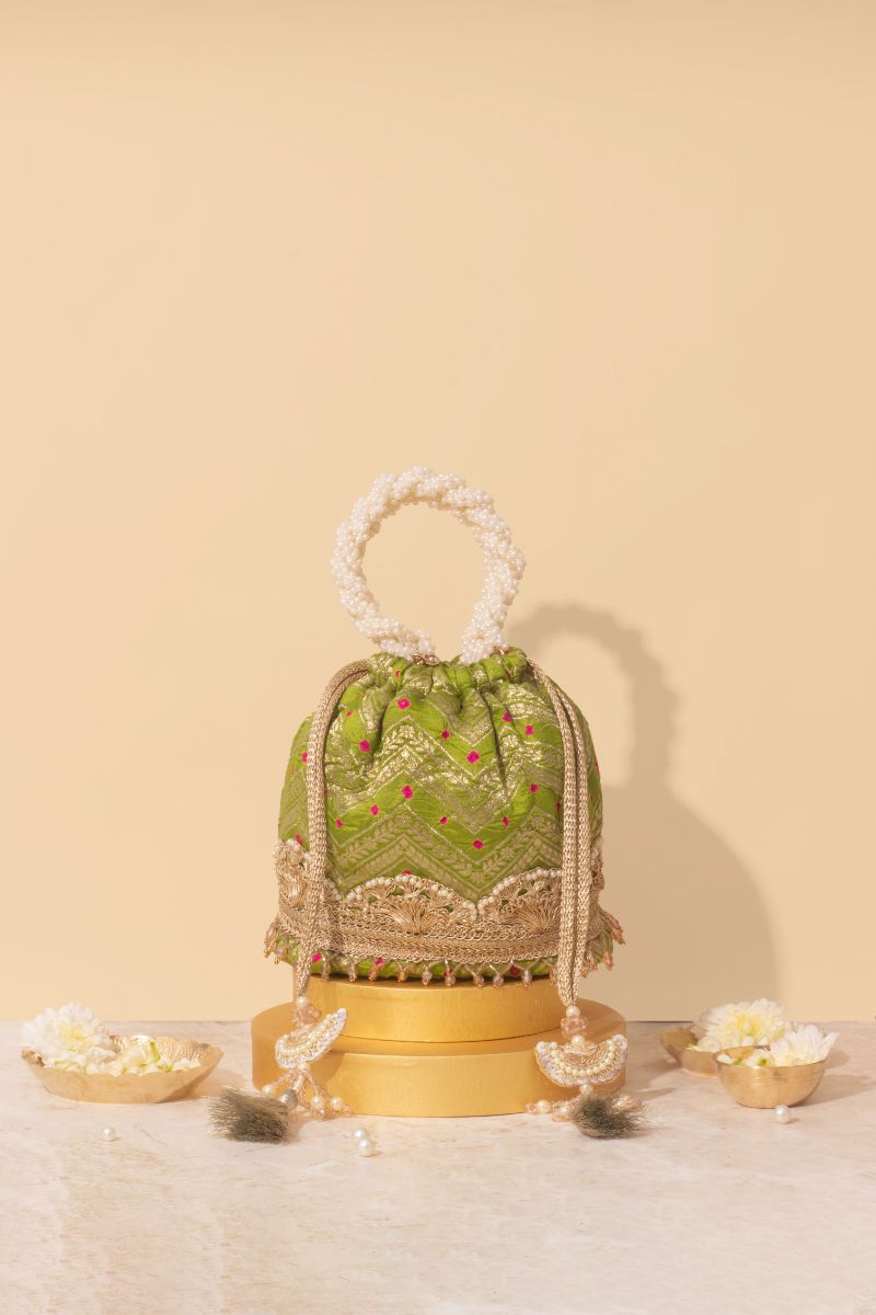 Rumani Bandhani Bucket Bag - Mehendi Green