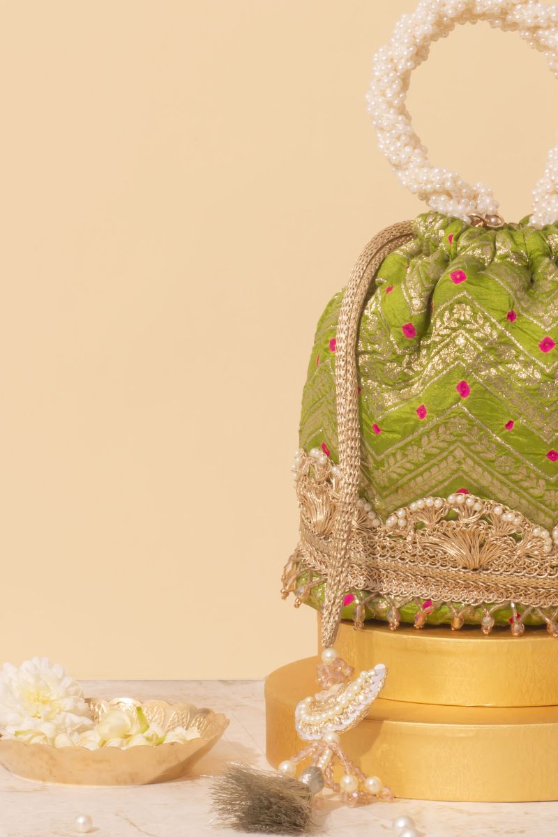 Rumani Bandhani Bucket Bag - Mehendi Green