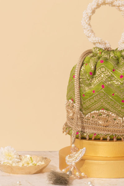 Rumani Bandhani Bucket Bag - Mehendi Green
