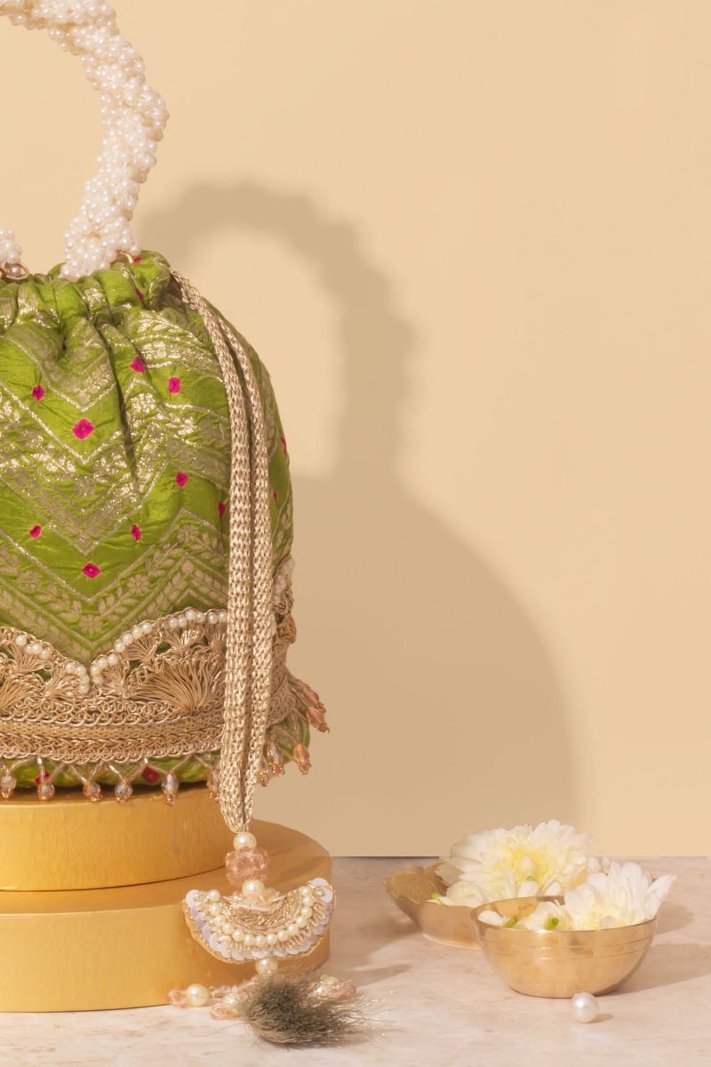 Rumani Bandhani Bucket Bag - Mehendi Green