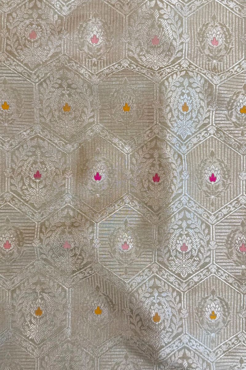 Ruva Handloom Katan Silk with Water Gold Zari with Meena - Cream