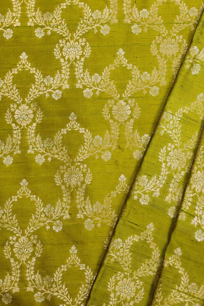 Safa Handwoven Raw Silk Gold Zari Fabric - Green