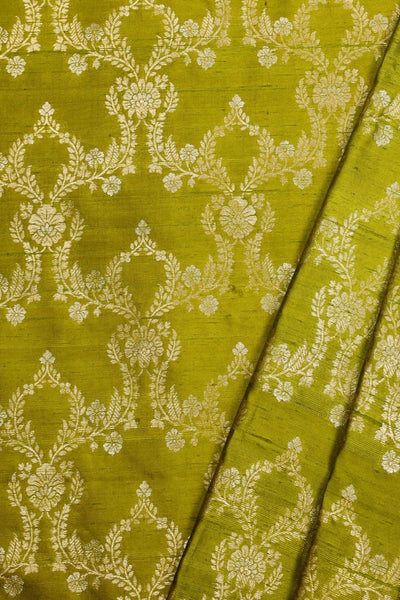 Safa Handwoven Raw Silk Gold Zari Fabric - Green