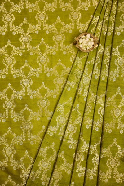Safa Handwoven Raw Silk Gold Zari Fabric - Green