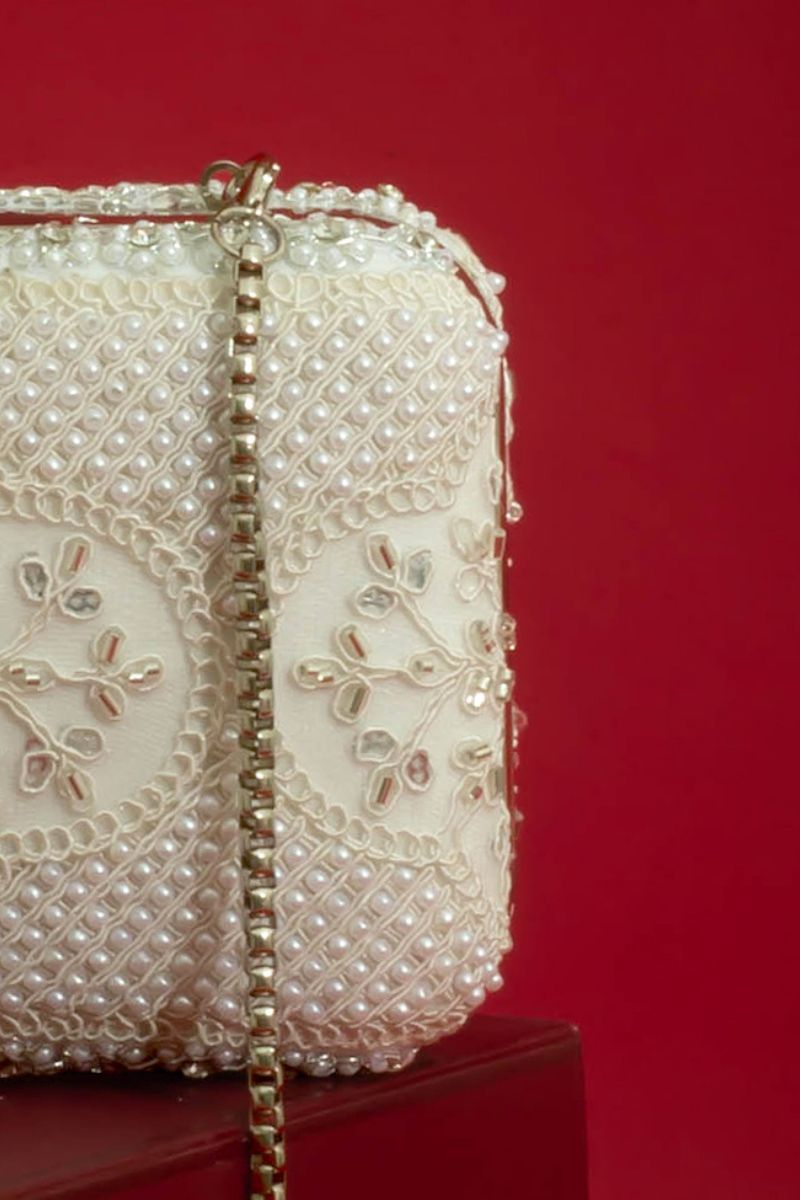 Sehra Pearl Embroidered Clutch - Silver