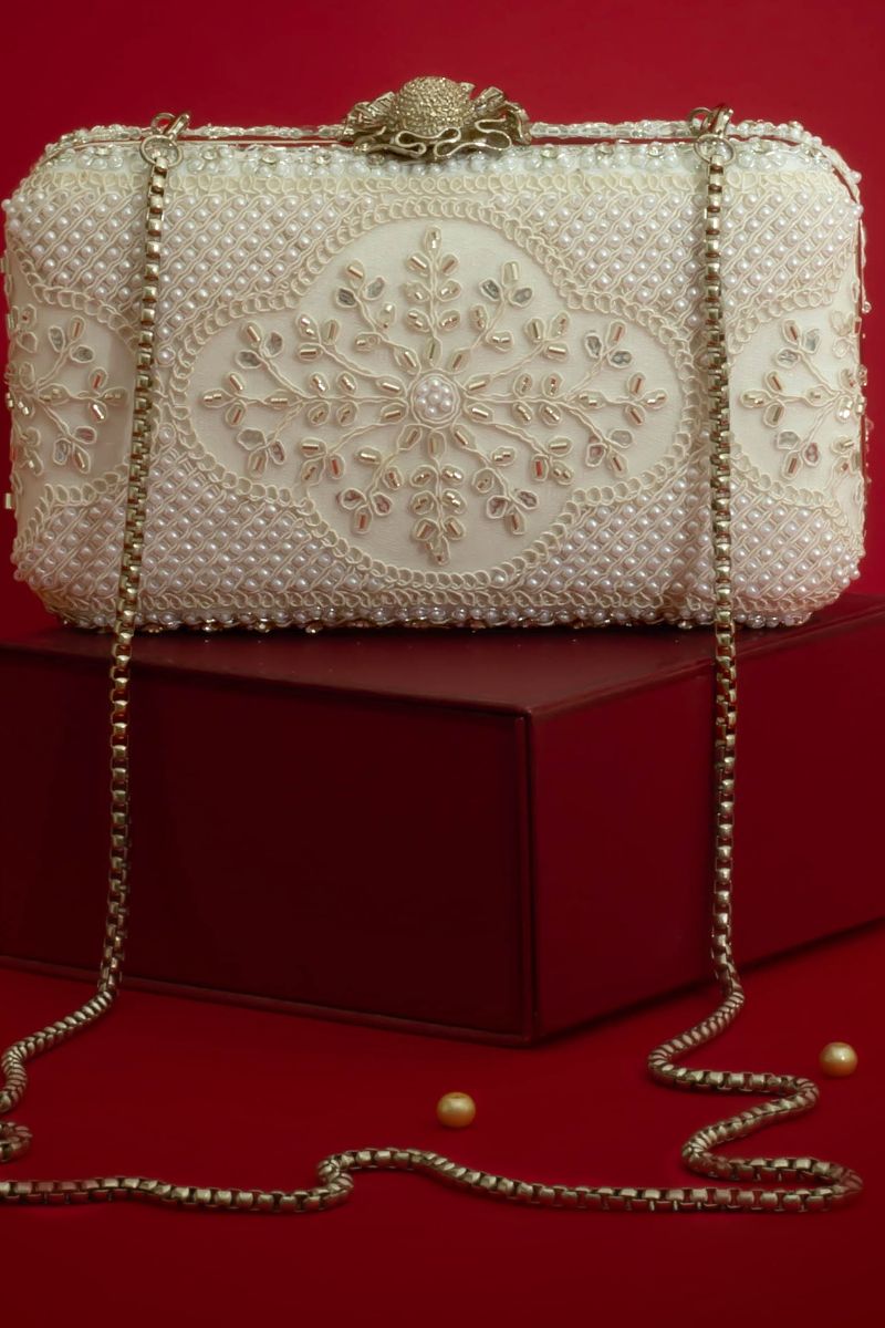 Sehra Pearl Embroidered Clutch - Silver