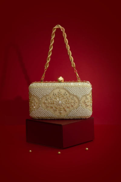 Sehra Pearl Embroidered Clutch - Beige