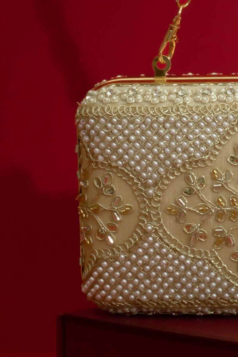 Sehra Pearl Embroidered Clutch - Beige