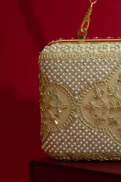 Sehra Pearl Embroidered Clutch - Beige
