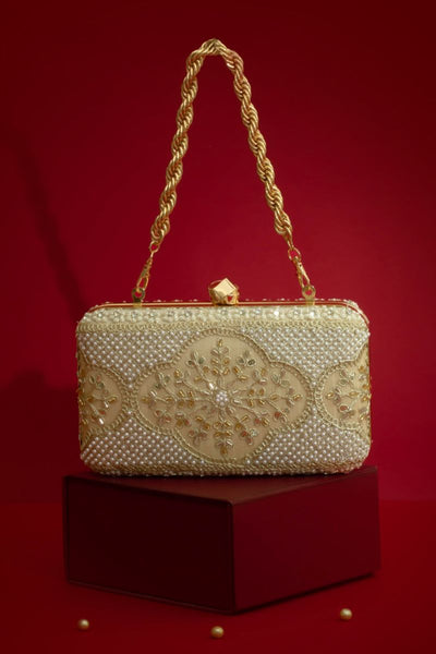 Sehra Pearl Embroidered Clutch - Beige