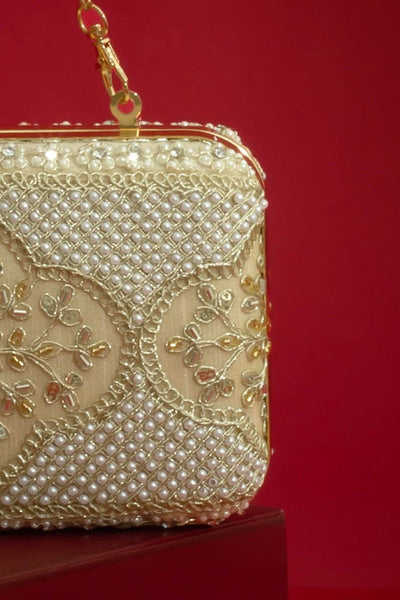 Sehra Pearl Embroidered Clutch - Beige