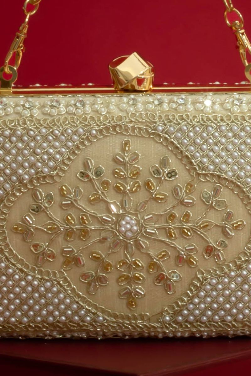 Sehra Pearl Embroidered Clutch - Beige