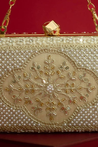 Sehra Pearl Embroidered Clutch - Beige