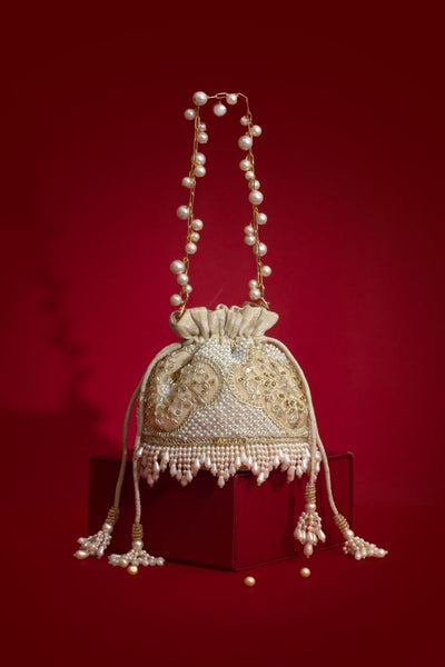 Sehra Pearl Embroidered Mini Potli - Beige