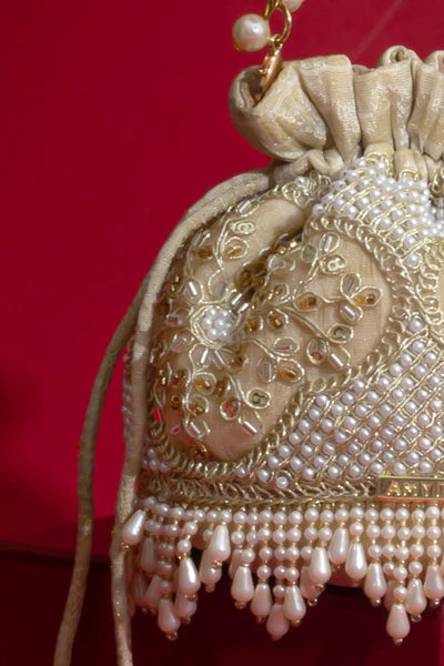Sehra Pearl Embroidered Mini Potli - Beige