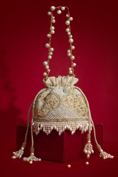 Sehra Pearl Embroidered Mini Potli - Beige