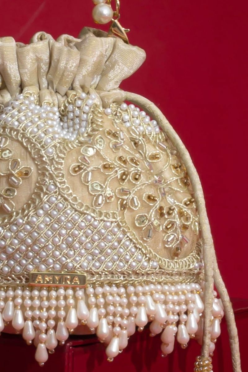 Sehra Pearl Embroidered Mini Potli - Beige